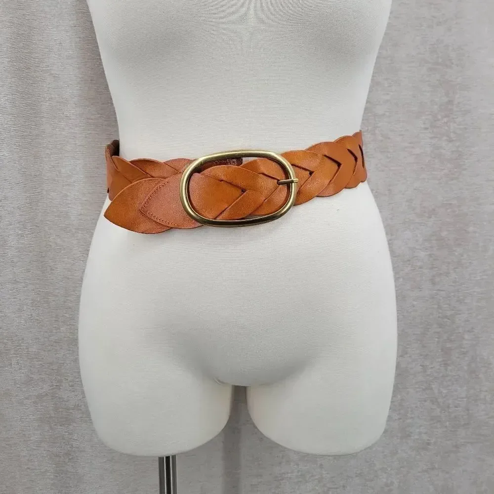 Miss Me Braided Woven Orangey Tan Leather Belt with Large Gold Toned Oval Buckle